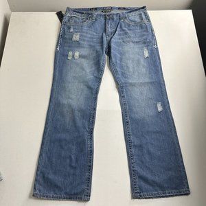 AFFLICTION MENS‎ DISTRESSED DENIM ’BLAKE BUCKLE SIZE 40x33 BLUE FLAP POCKET